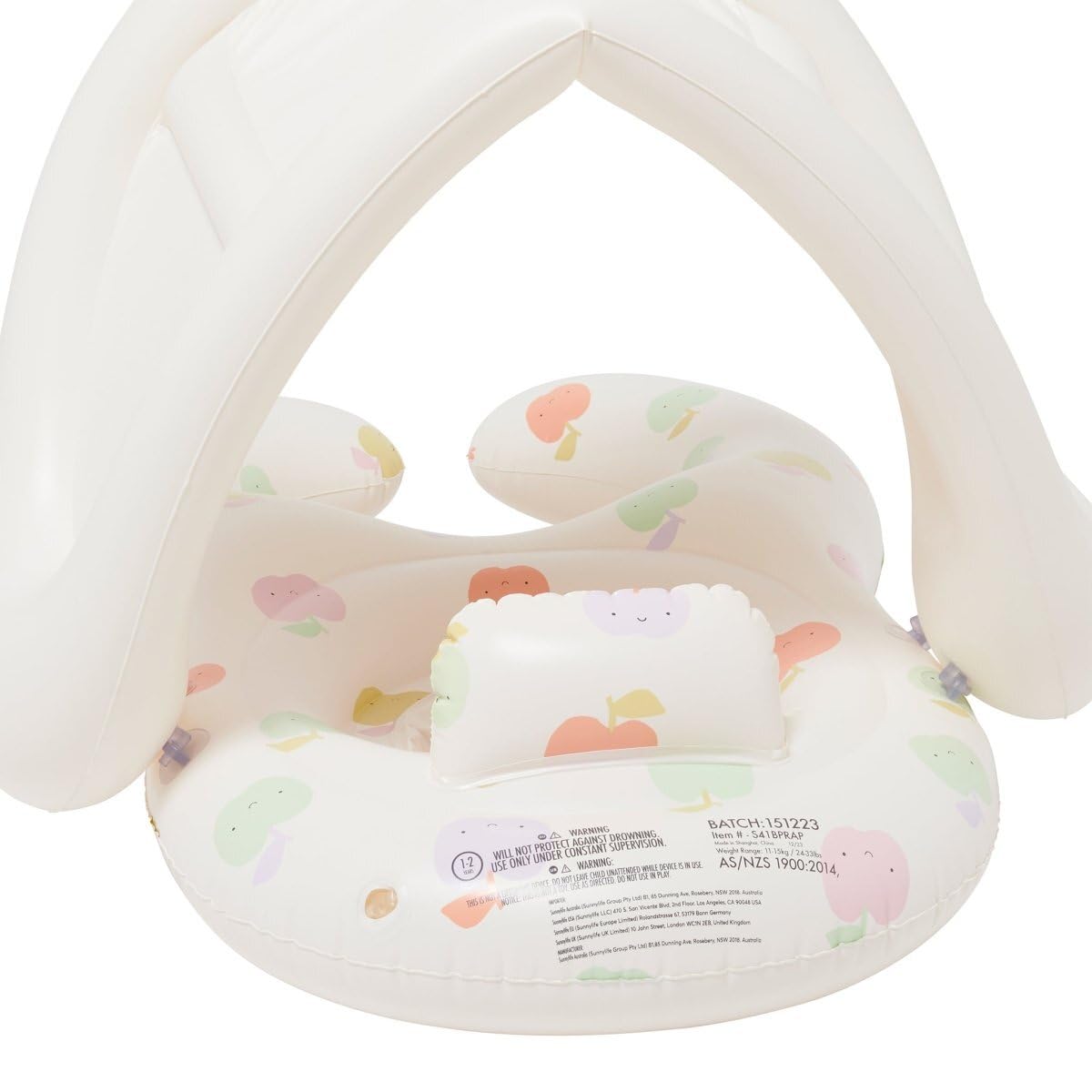 Sunnylife Float Together Baby Seat with Canopy | Inflatable Infant Pool Float, Soft Leg Cradles & Headrest | Non-Toxic Phthalate-Free PVC | Fits 24–33 lbs | Apple Sorbet