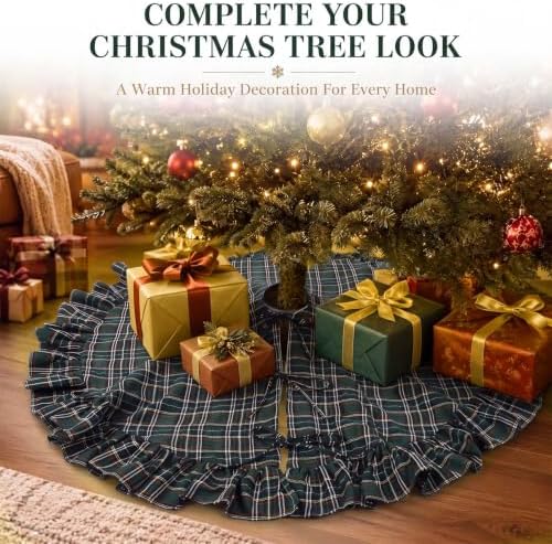 48 Inch Plaid Christmas Tree Skirt with Ruffle, Blue Green