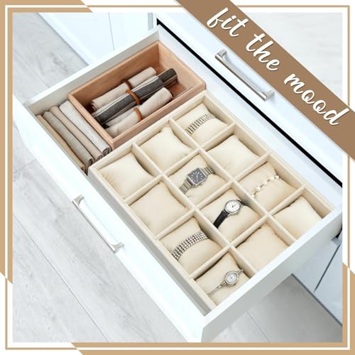 Henoyso 2 Pieces 12 Grid Velvet Watch Tray Jewelry Organizer Stackable Watch Bracelet Bangle Display Holder Adjustable Pillow(Beige) - color: Beige, size: 12 Grid