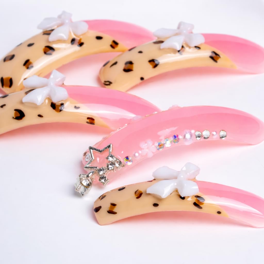 IntoVibes 10 Pieces Handmade Luxury Long Press On Nails With Curved Design, Bowknot And Leopard Prints, Pink Thickened False Nails, Reusable Fake Nails, Square Acrylic Nails (L)