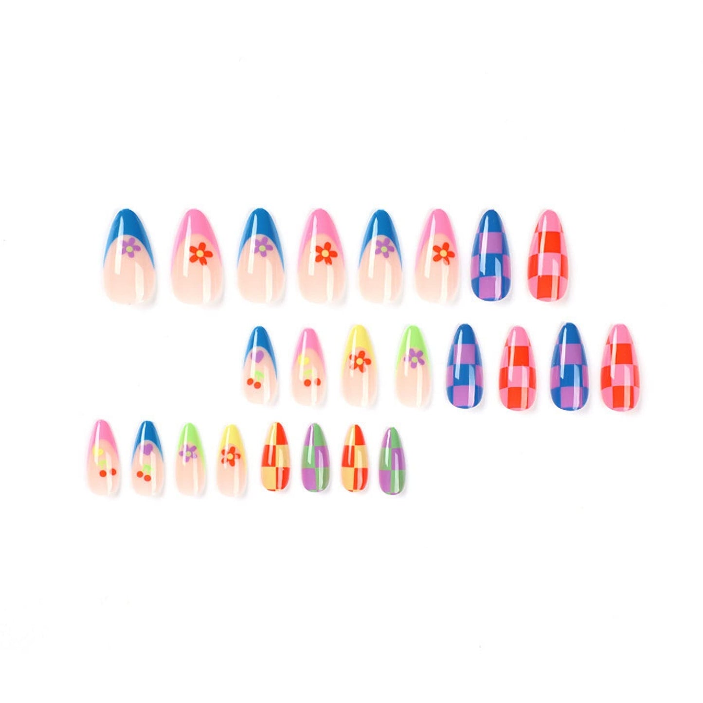 MISUD Press on Nails - Medium Almond Glue on Nails with Summer Colorful, Acrylic Rainbow Flower Design 24 pcs