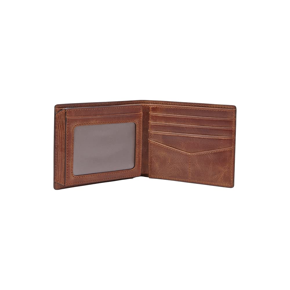 Fossil Men's Wallet, Derrick Leather RFID-Blocking Wallet, Bifold with Flip ID, Brown