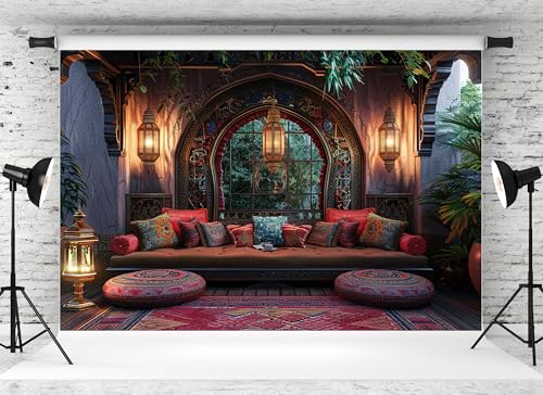 10x8ft Retro Living Room Backdrop Moroccan Exotic Lounge Luxury Interior Background for Bohemian Theme Party Cultural Events Birthday Party Decor Photo Studio Booth Props Banner Wallpapers - size: 10x8FT