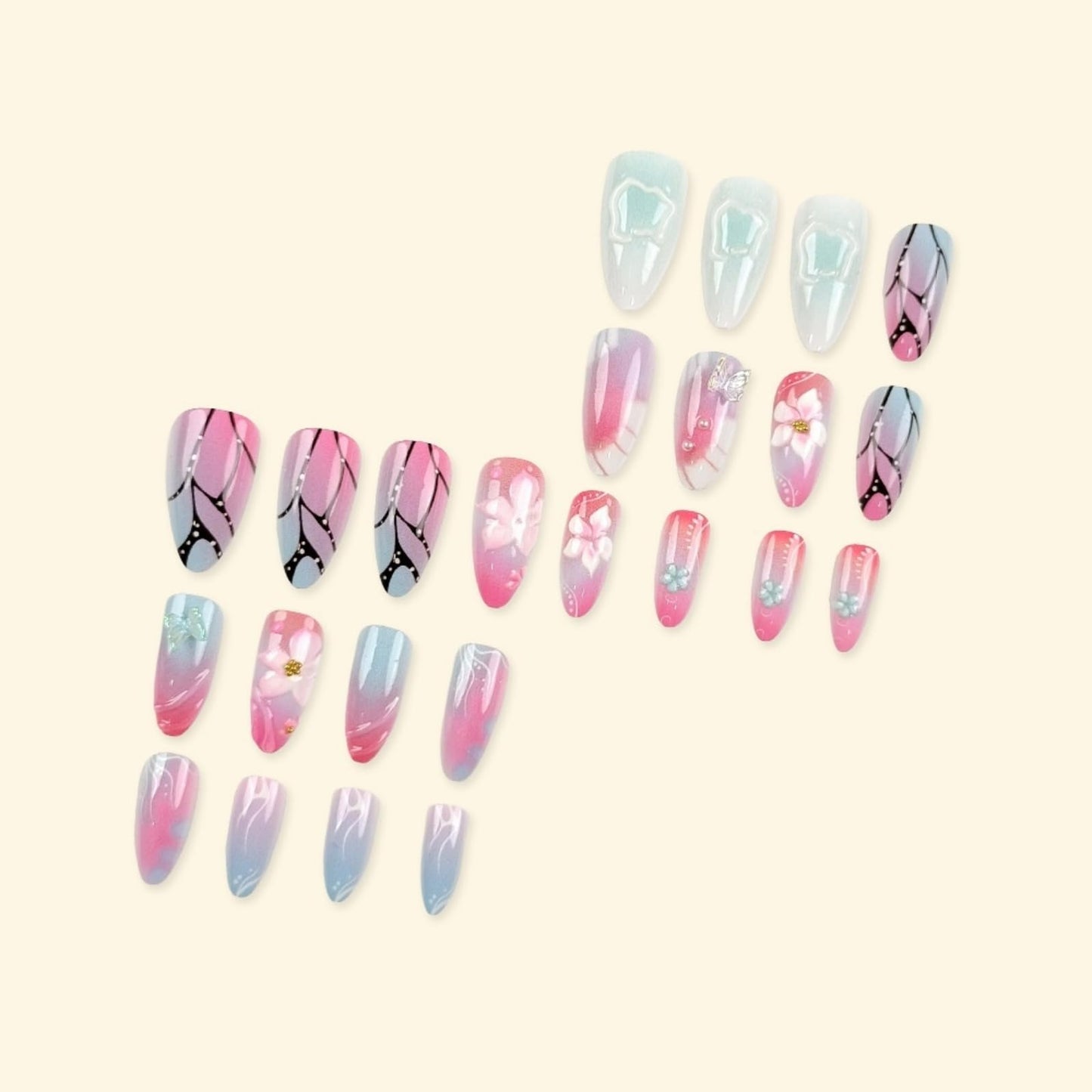 Short Press on Nails Almond Fake Nails Ombre False Nails Cute Artificial Nails with 3D Flora and Butterfly Designs Acrylic Nail Press ons Pink Flowers Stick on Nails for Women 24pcs