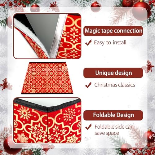 Christmas Tree Collar, Red Christmas Tree Collar, Gold Snowflake Christmas Trees Skirt, Square Christmas Trees Ring, Foldable Hexagon Xmas Tree Skirt, Snowflake Decor for Holiday Party Home, 31 inch