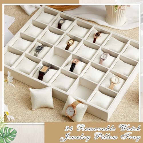 Henoyso 2 Pieces 24 Grid Velvet Watch Tray Jewelry Organizer Stackable Watch Bracelet Bangle Display Holder Adjustable Pillow(Beige) - color: Beige, size: 24 Grid