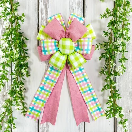2 Pack Spring Plaid Wreath Bows, 20.8 Inch Pink Green Easter Bows