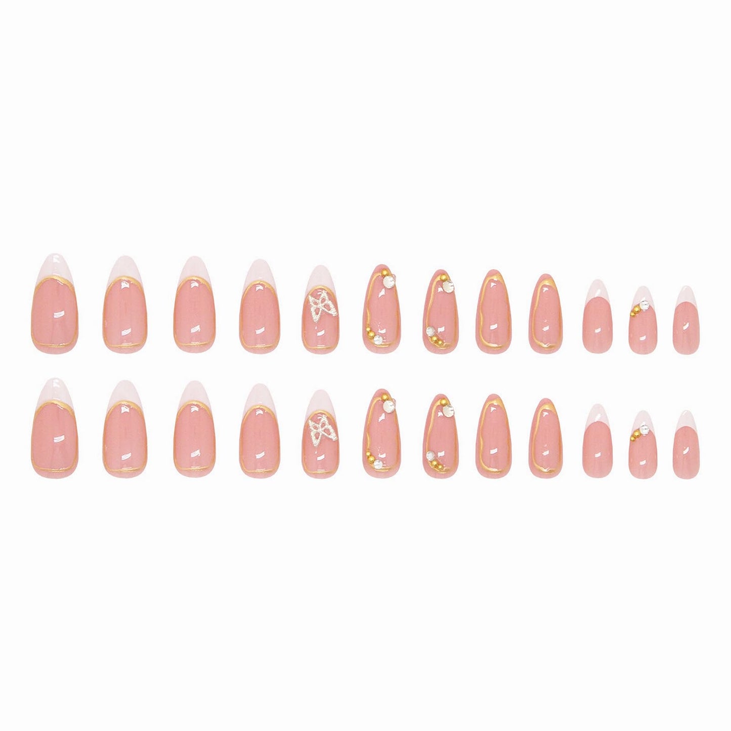 MISUD Press on Nails - Medium Almond Glue on Nails with White French Tip, Acrylic Gold Chrome Design 24 pcs