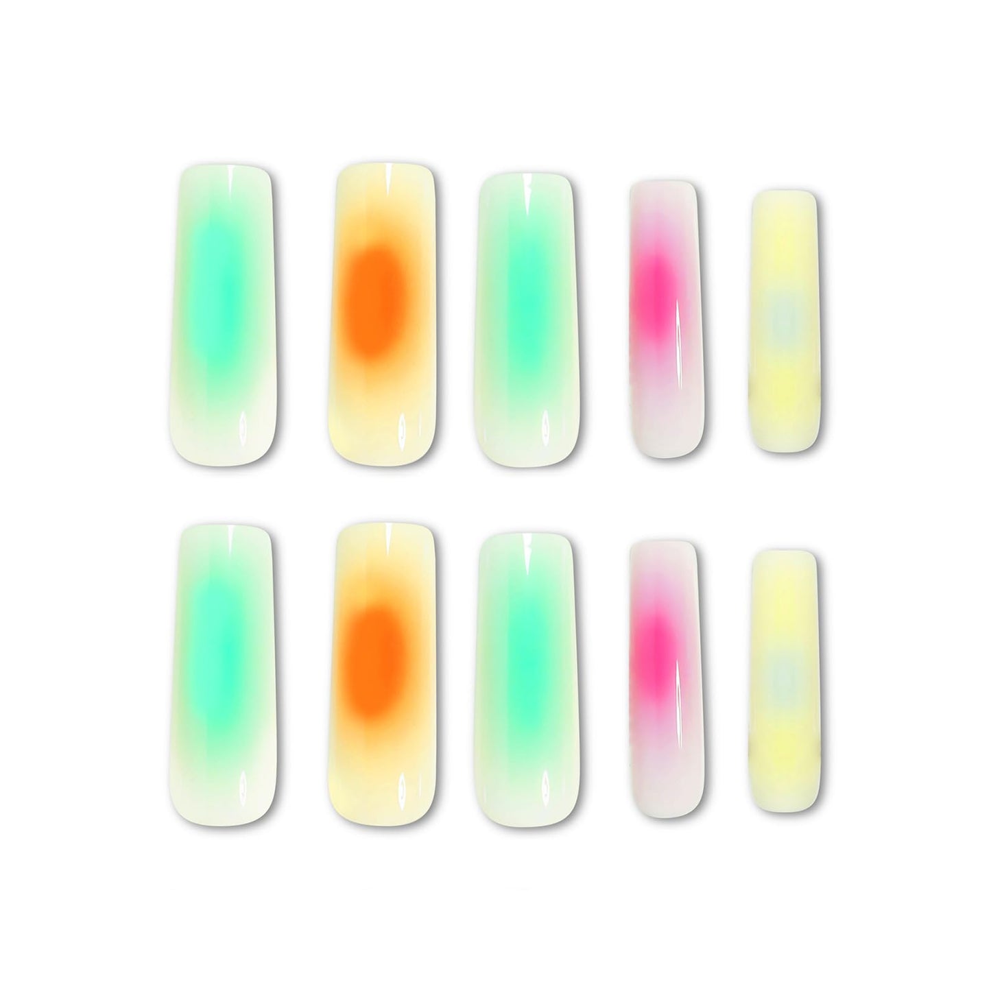 MISUD Press on Nails - Long Square Fake Nails with Summer Colorful, Acrylic Rainbow Ombre Design 24 pcs