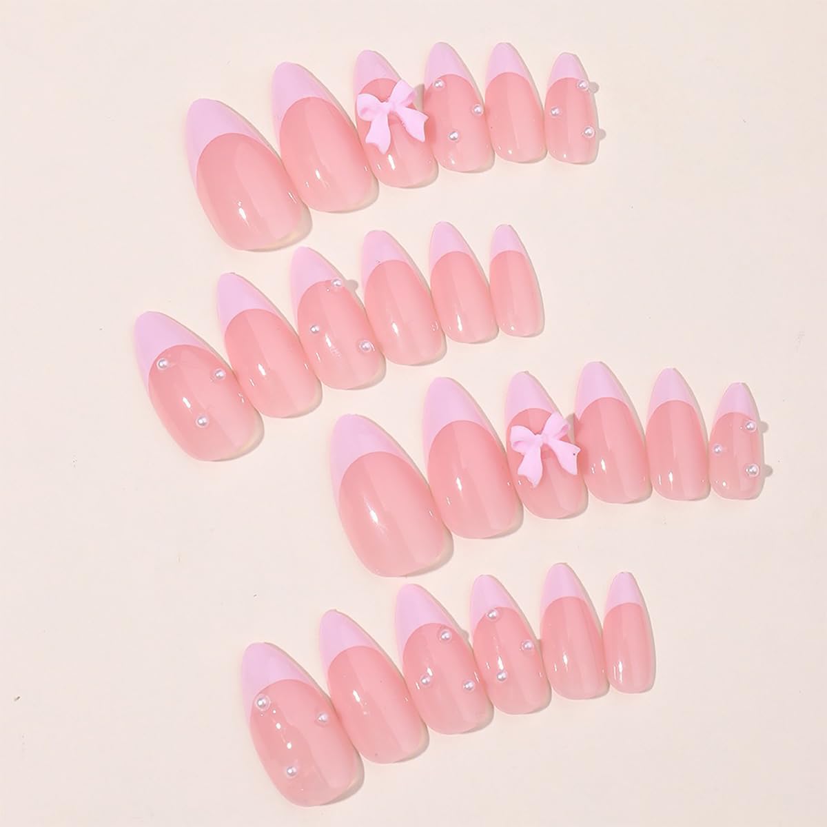 Pink Bow Press on Nails Medium Almond Fake Nails Nude Pink Nail Tips with Pearl Design Cute False Nails Stick on Nails Glossy Acrylic Glue on Nails Full Cover Artificial Nails for Women 24Pcs