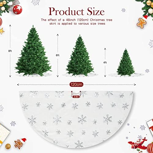 Large Tree Skirt 48 Inch White Plush Skirt Luxury Faux Fur Tree Skirt with Silver Snowflakes Merry Christmas Xmas Tree Ornaments