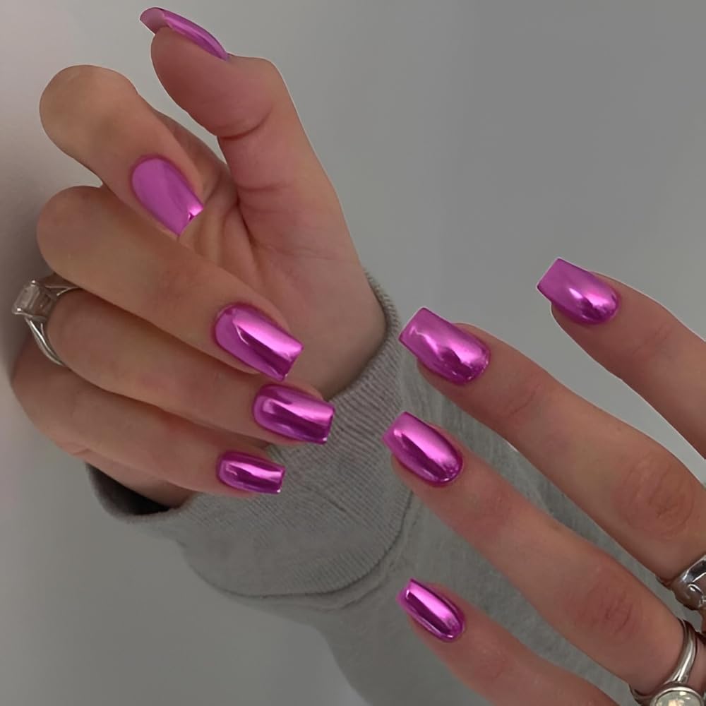 Square Press on Nails Medium Purple Mirror Fake Nails Metal Plating Coffin False Nails Acrylic Nails Full Cover Stick on Nails Glue on Nails for Women