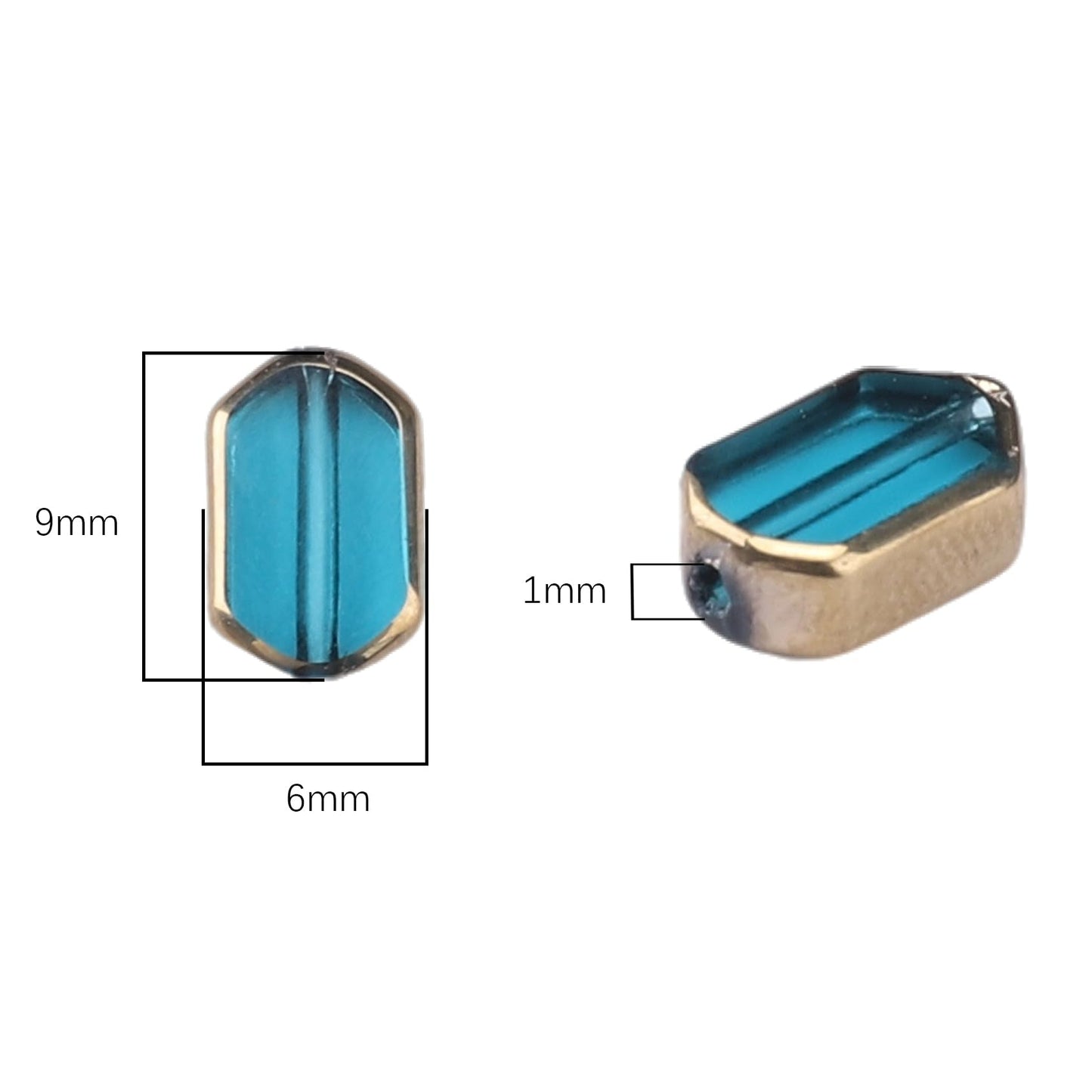DADIFEN Glass Octagon Beads Lake Blue 6x9mm 28pcs Rectangle Golden Edge Crystal Loose Beads for DIY Craft Jewelry Making