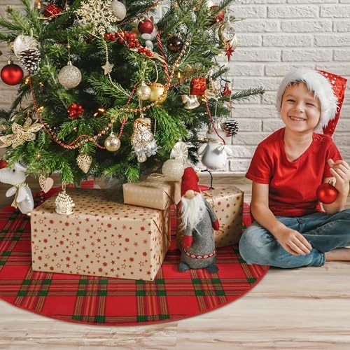 48 Inch Christmas Tree Skirt Red Green Tartan Plaid Tree Skirt Rustic Scottish Plaid Round Christmas Trees Mat for Xmas Winter Holiday Home Party Indoor Outdoor Decoration