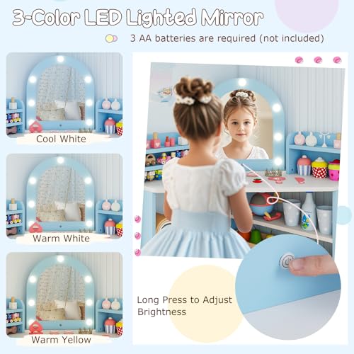 Costzon Kids Vanity with Lights, Corner Vanity Desk with Mirror, Storage Shelves, Wooden Princess Toddler Makeup Dressing Table, Kids Vanity Table and Chair Set for Little Girls (Blue) - style: Blue with Corner Design