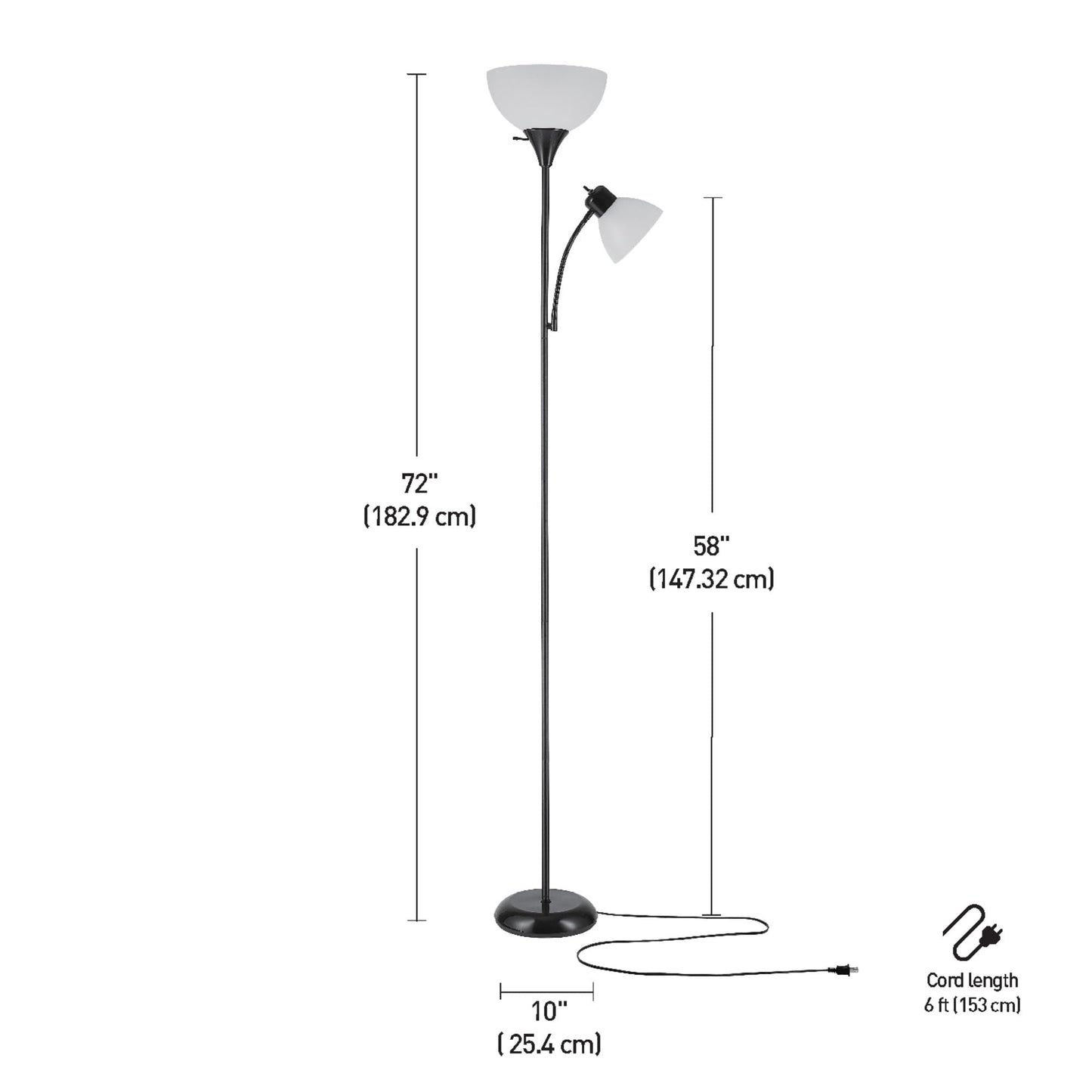 Globe Electric 67135 72" Torchiere Floor Lamp and Adjustable Reading Light, Matte Black, Frosted Shade, Dual Rotary Switch, 3-Step Dimming, Modern Lighting for Living Room or Office