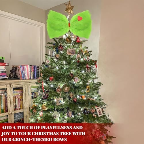 Suncalla Lime Green Furry Christmas Tree Topper Bow 14x8 Glitter Heart