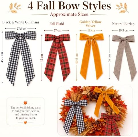 Suncalla 8 Pcs Fall Wreath Bows 14.2-17.9in Buffalo Plaid Velvet Burlap Bow