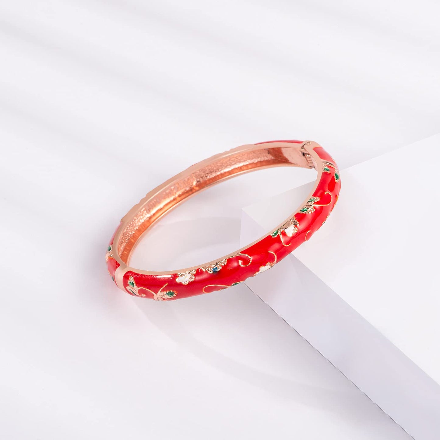 UJOY Handcrafted Cloisonne Bangle Bracelets Butterfly Enamel Metal Handcuff Jewelry Set Box Gift for Women 55A108-55B30 red