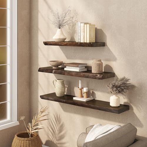Floating Shelves Set of 2, Solid Elm Wood Wall Shelves 32 Inch - Invisible Bracket Mount for Living Room, Bedroom, Kitchen, Bathroom - Natural - color: Dark Brown, size: 32"L, 2-Pack