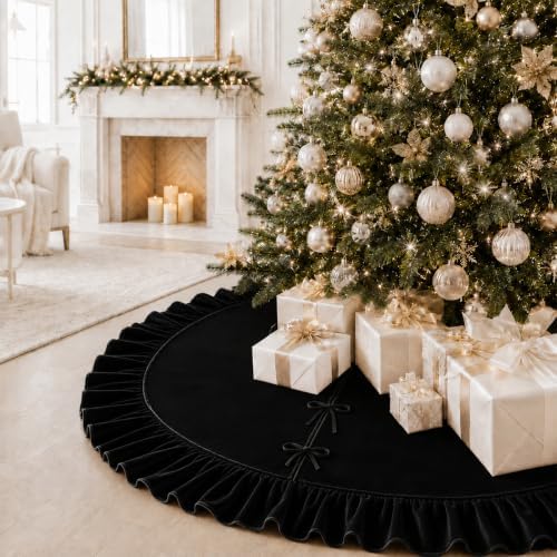 Christmas Tree Skirt,Velvet Tree Skirt with Ruffled Edge, Classic Large Velvet Fur Plush Tree Skirt for Merry Christmas(Black,36Inch)