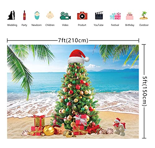 July Christmas Tree Photography Backdrop - Tropical Beach Palm Leaves Blue Sky Ocean Family Holiday Party Photo Backdrop (8X6FT(94X70inch)) - size: 8X6FT(94X70inch)