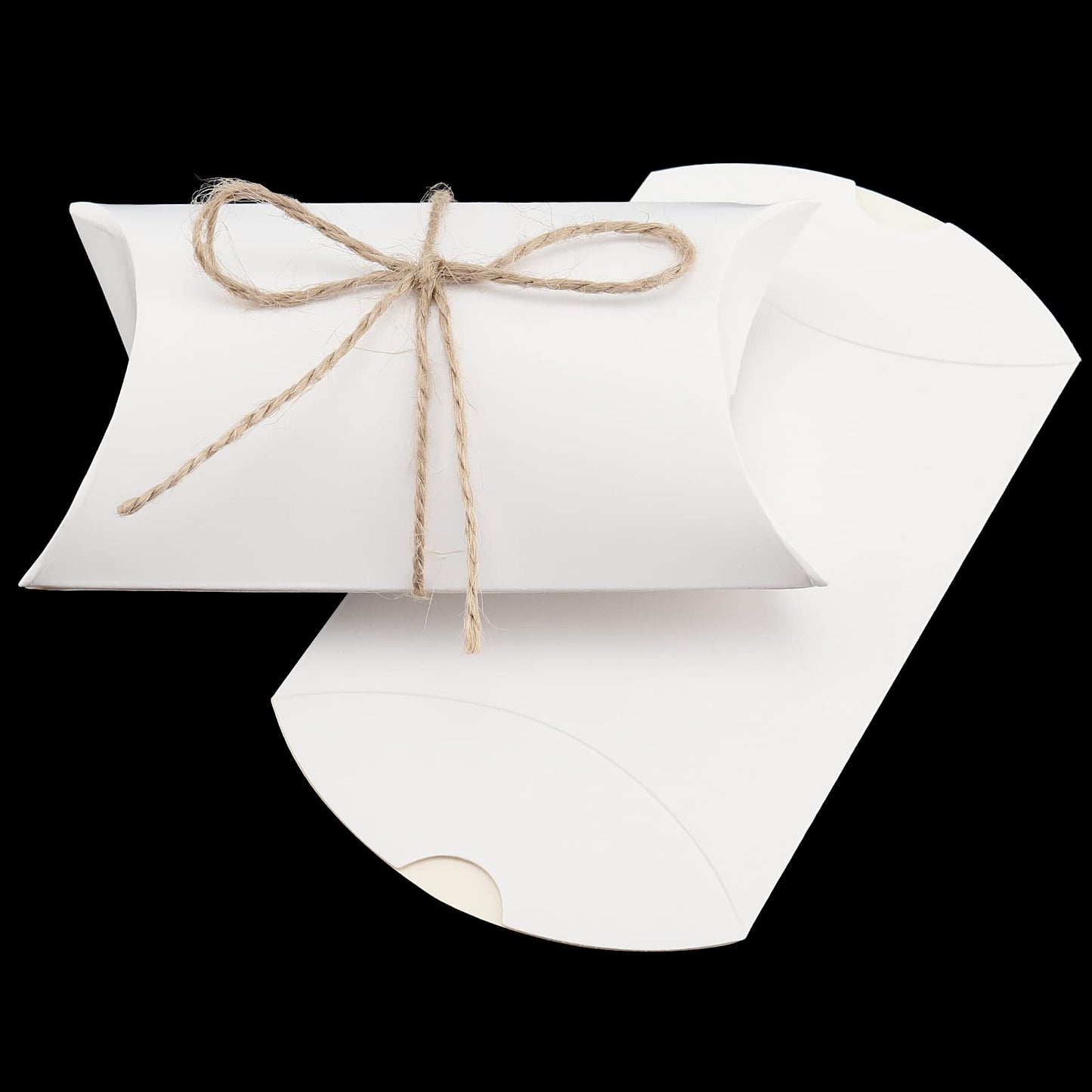 SEUNMUK 150 Pack 5 x 3.5 Inches Large Pillow Boxes, Kraft Pillow Boxes with Jute Twines, white Pillow Candy Box Party Wedding Favor for Anniversary, Birthday, Halloween