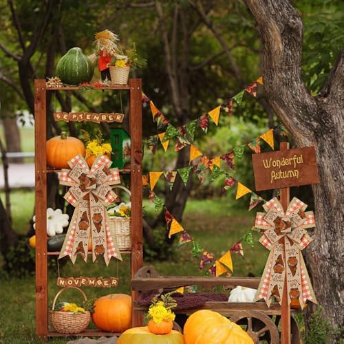 Large Fall Bows for Wreath, Thanksgiving Gnomes Pumpkin Wreath Bows Orange Buffalo Plaid Bows for Front Door, Farmhouse Ornament Burlap Tree Topper Bows for Fall Indoor Outdoor Decoration