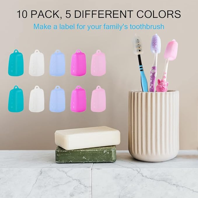 V-TOP Toothbrush Covers Caps, 10 Pack Toothbrush Head Cover for Travel, Silicone Portable Tooth Brush Protecter Cover Pod Case for Home and Outdoor