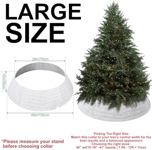 Preboun 40" Boho Farmhouse White Woven Christmas Tree Skirt - Rustic Base Cover for Christmas Tree Decoration