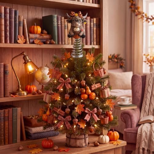 Gejoy Fall Highland Cow Miniature Topper 5.1 Inches Autumn Mini Tree Topper