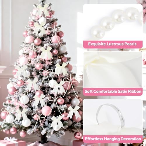 18 Pcs Bow Ornaments for Christmas Tree,Include 6 White Pearl Bows 12 Beige Satin Ribbon Bows,Bow Ornaments Christmas Tree Toppers for Home Wreath Fireplace Xmas Gift Packaging Wedding Party Decor