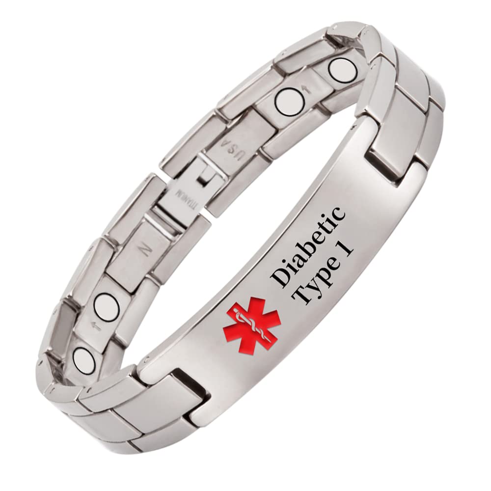 EnerMagiX Medical Id Bracelets for Men Women, Titanium Personalized Engrave Alert Id Bracelet for Type 2 Diabetes,Type 1 Diabetes, Apixaban (Type 1 Bracelets)