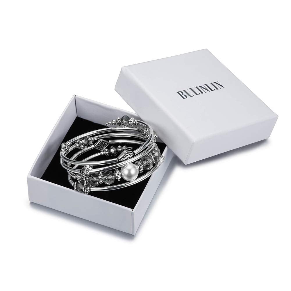 BULINLIN Bead Wrap Bangle Pearl Bracelet - Silver Metal Bracelet Gifts For Women(04-Transparent gray)