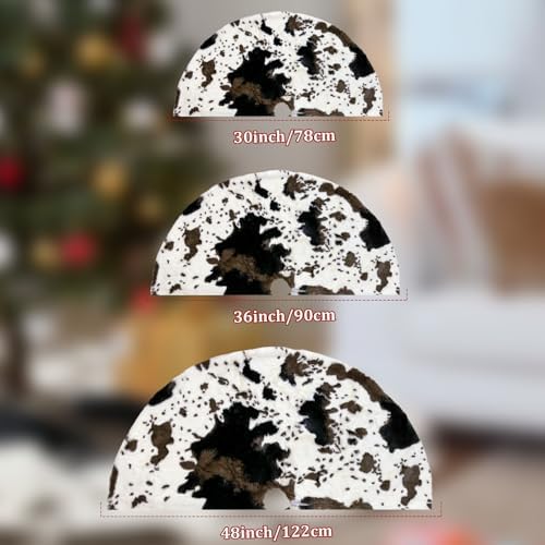 Cow Print Christmas Tree Skirt, 30 inches Western Cowhide Faux Fur Christmas Tree Skirt for Xmas New Year Home Party Decorations