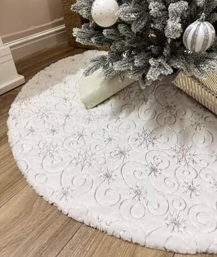 AOGU 60 Inch Sequin Faux Fur Christmas Tree Skirt for Christmas Tree Decorations White Plush Silver Sequin Snowflake Tree Skirt