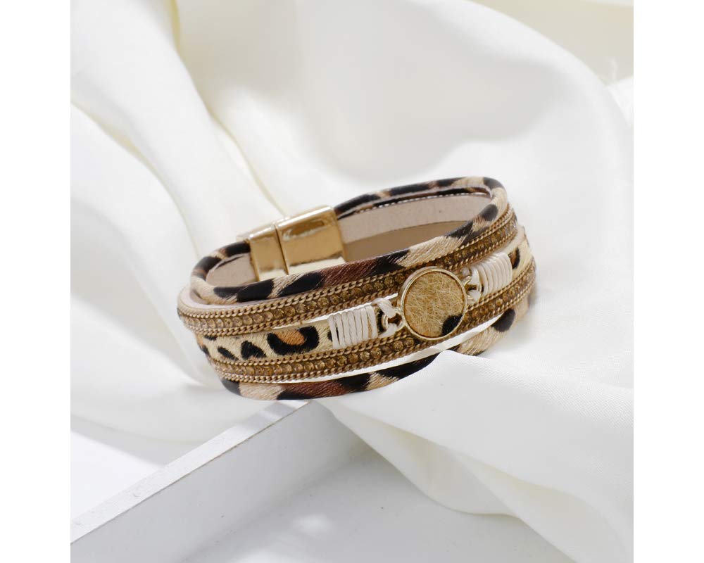 Fesciory Leopard Bracelet for Women, Boho Leather Wrap Multi-Layer Pearl Crystal Bracelet Bangle Jewelry(Khaki Leopard)