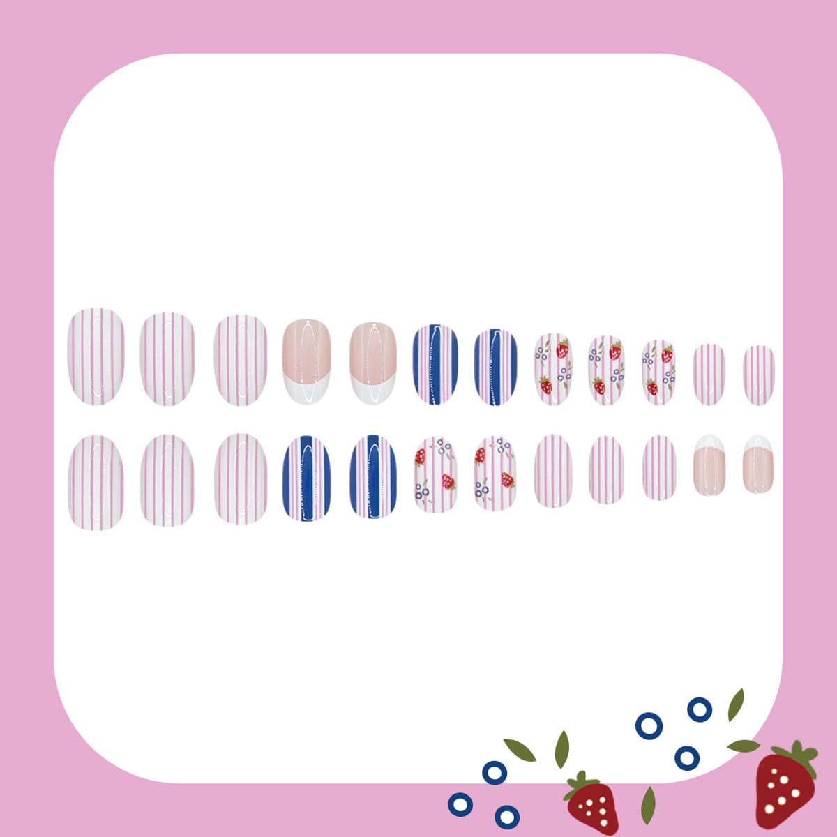 Cute Press on Nails Short Oval Fake Nails French Tip False Nails Press ons with Fruit Design Spring Summer Glue on Nails Artificial Acrylic Stick on Nails for Women Girls Manicure Kit 24Pcs