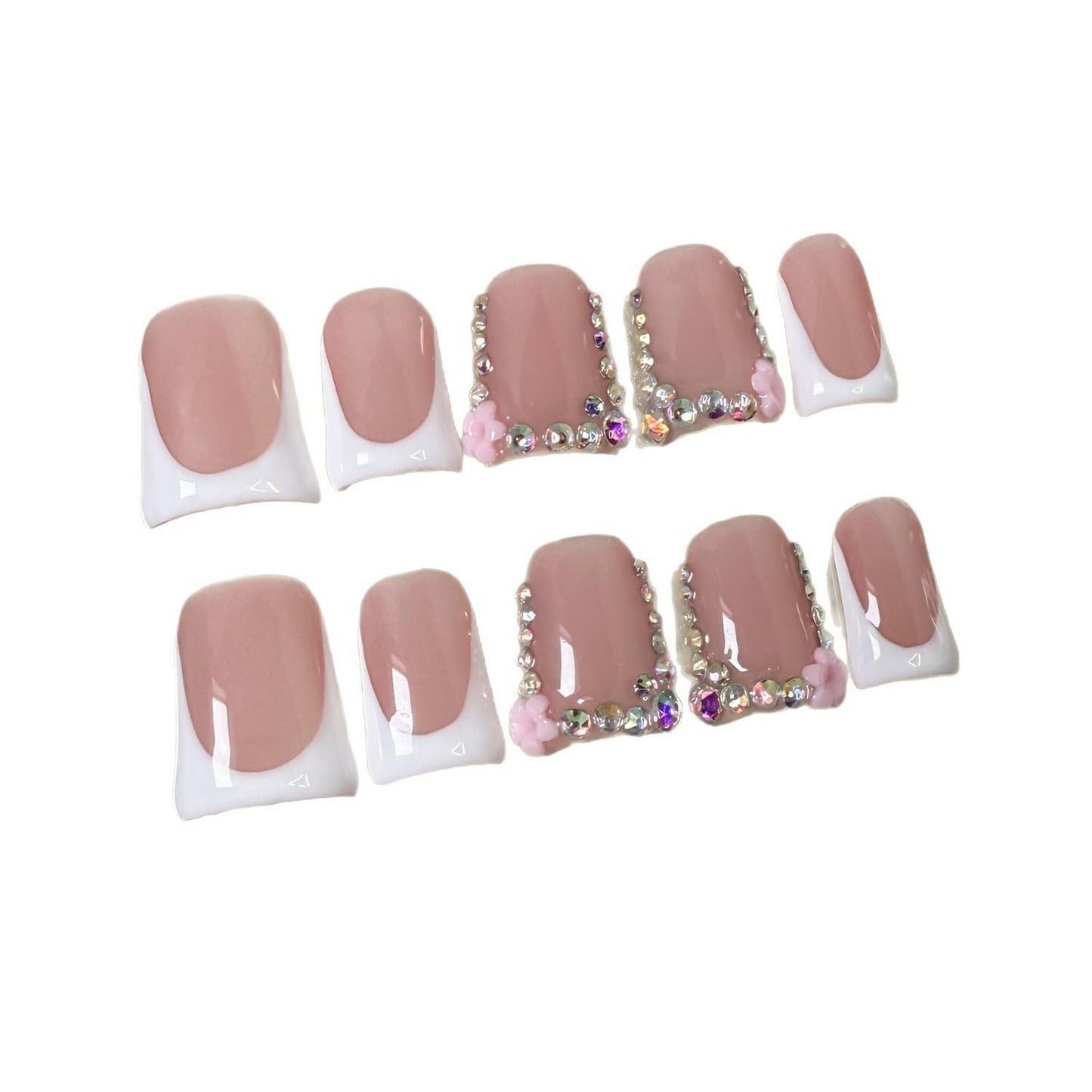 Luxury Flower Medium Duck Press on Nails Handmade Nails with 3D Flower & Rhinestone Art Design White French Thicked Short False Nails Muti-Layer Gel Handmade Nail for Women (Size S)