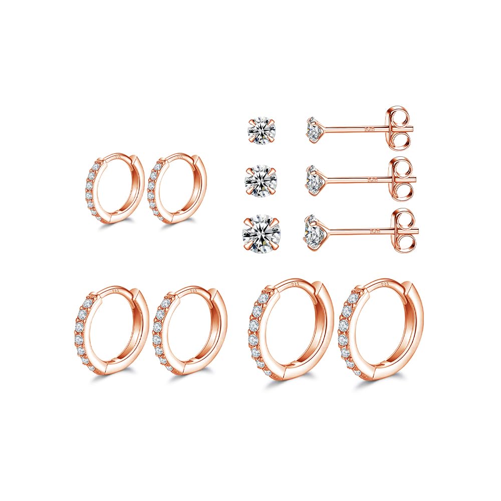Rose Gold Sterling Silver Hoop Earrings Sterling Silver Stud Earrings for Women 6 Pairs Hypoallergenic Tiny Cubic Zirconia Stud Set Cartilage Hoops 6mm 8mm 10mm