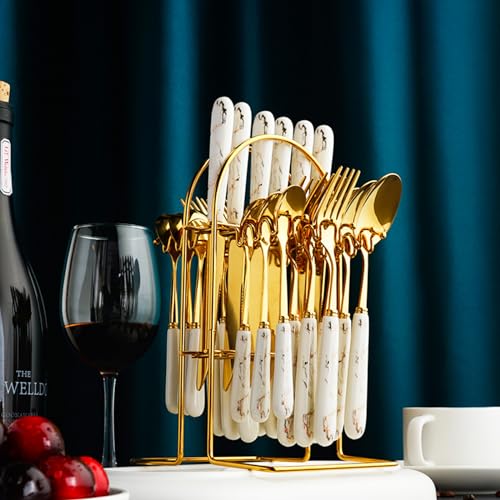 24 Pieces Flatware Set, Stainless Steel Cutlery Set with Silverware Holder, Modern Gold Silverware Set Includes Dinner Knives Forks Spoons,Hanging Silverware Set Service for 6 (White Gold) - color: White Gold