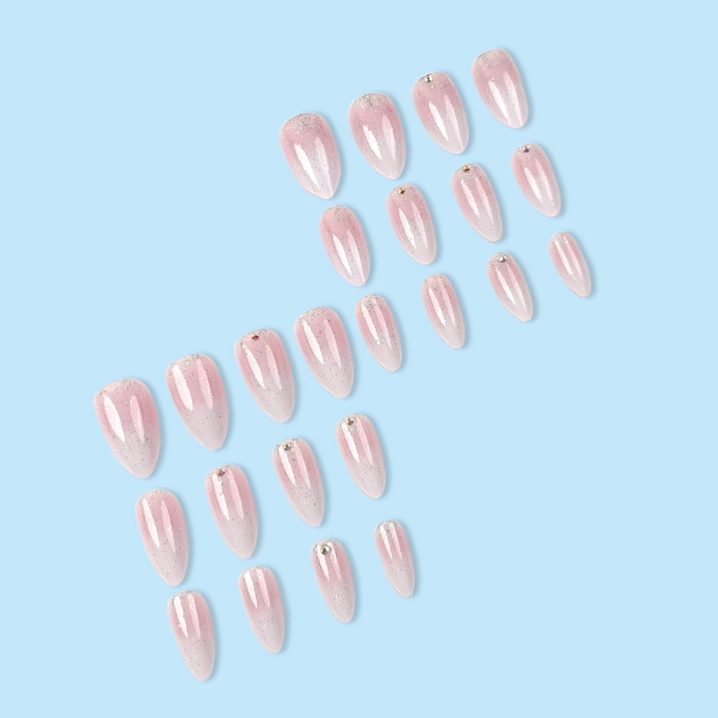 Pink Ombre Press On Nails Medium Almond Fake Nails Glitter With Rhinestones Designs Gradient Acrylic Artificial Fingernails Full Cover Glossy False Nail Reusable Glue On Nails For Women 24pcs