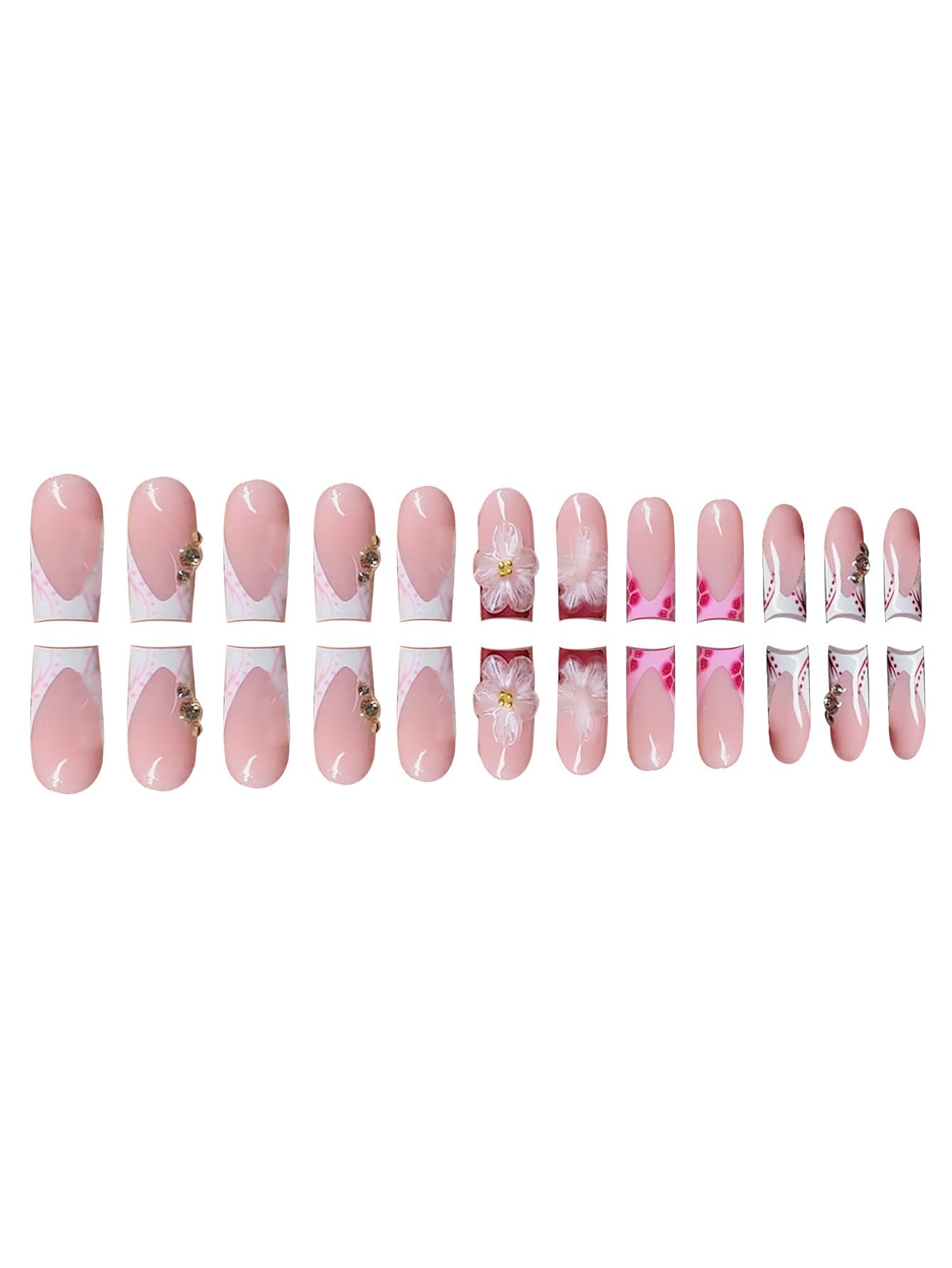 plalely Press on Nails French Tip, Handmade Acrylic Press on French Tip Nails with Flower Designs，Long Square Nail Press Ons for Women 24pcs