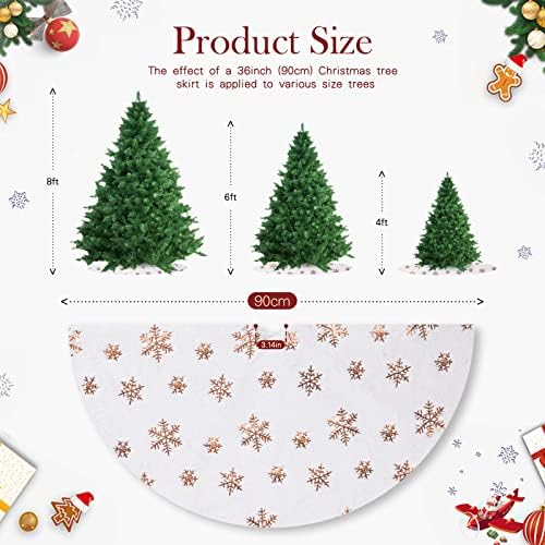 Plush Christmas Tree Skirt White Faux Fur Tree Skirt with Rose Gold Sequin Snowflakes for Merry Christmas Party Tree 36 Inch