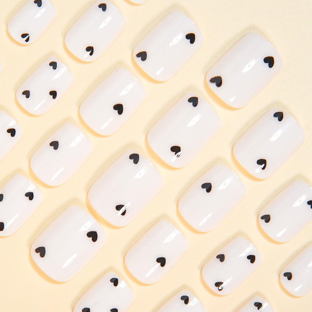 Square Press on Nails Short Glossy White Fake Nails with Black Heart Design Full Cover Winter Stick on False Nails for Women 24 Pcs
