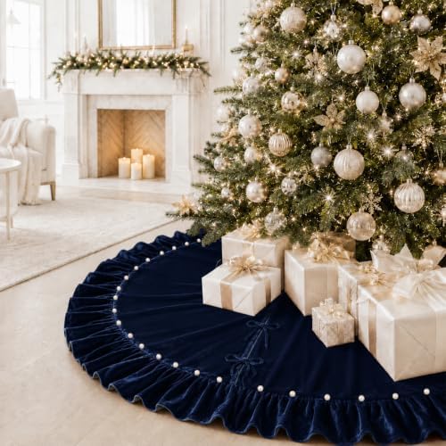 Christmas Tree Skirt,Velvet Tree Skirt with Ruffled Edge and Pearls, Classic Large Velvet Fur Plush Tree Skirt for Merry Christmas(Nevy,60Inch)