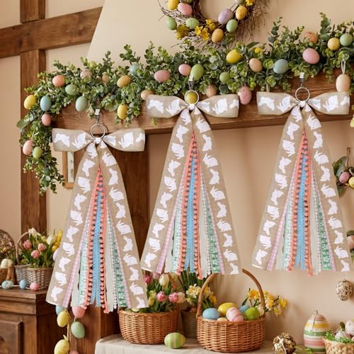 Suncalla 2 Pcs Easter Rabbits Ribbon Bow for Wreath Front Door