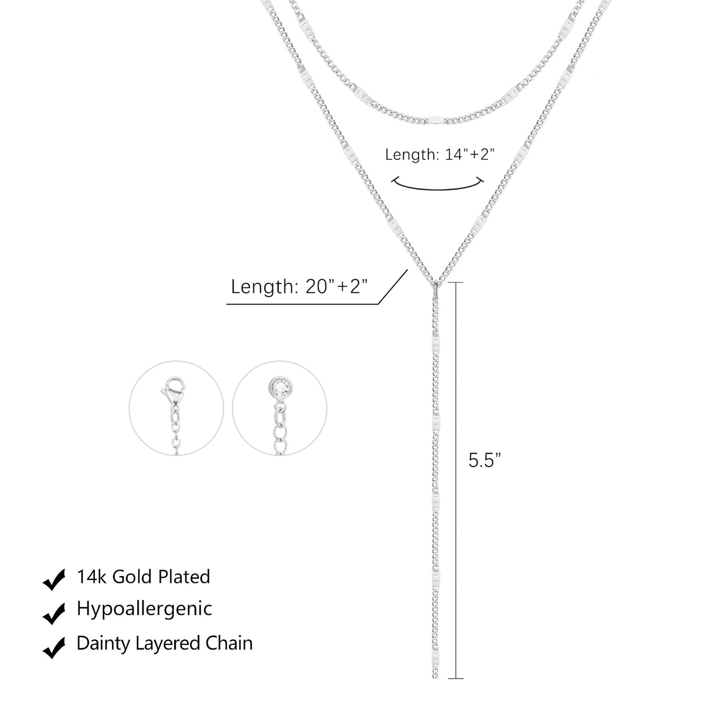 LULII Dainty Long Silver Necklace for Women Trendy Lariat Y Necklace Silver Plated Layered Chain Drop Y-Shaped Jewelry Gift