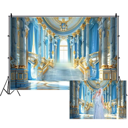 Renaiss Fabric Blue Palace Backdrop Luxury Golden Hall Castle Interior Staircase Masquerade Party Scene Wedding Bridal Shower Background Photo Booth Studio Props 5x4ft - color: XH002, size: 5Wx4H FT