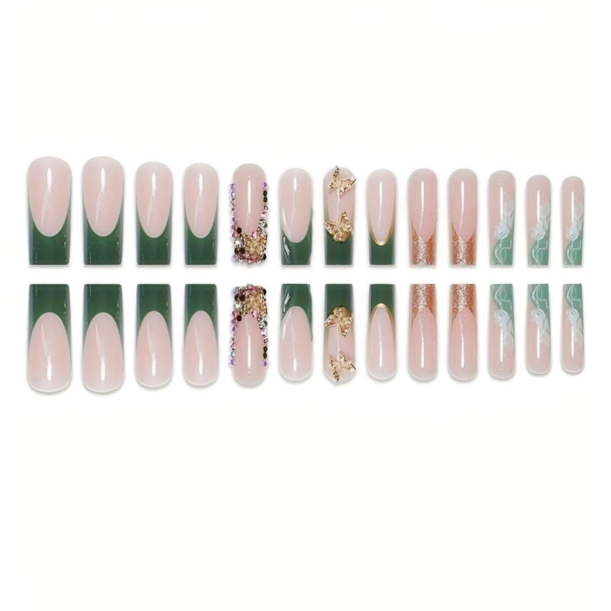 Rchovsam Long Press on Nails Square French Tip Fake Nails with Gold 3D Butterfly Designs False Nails Sparkly Artificial Stick on Nails for Women